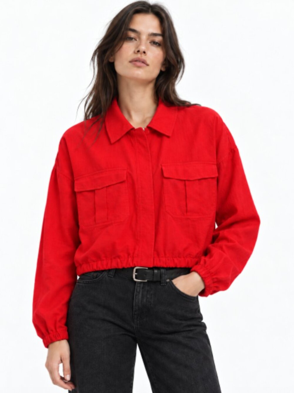 7 For All Mankind Tomato Red Linen-Blend Snap-Front Cropped Jacket